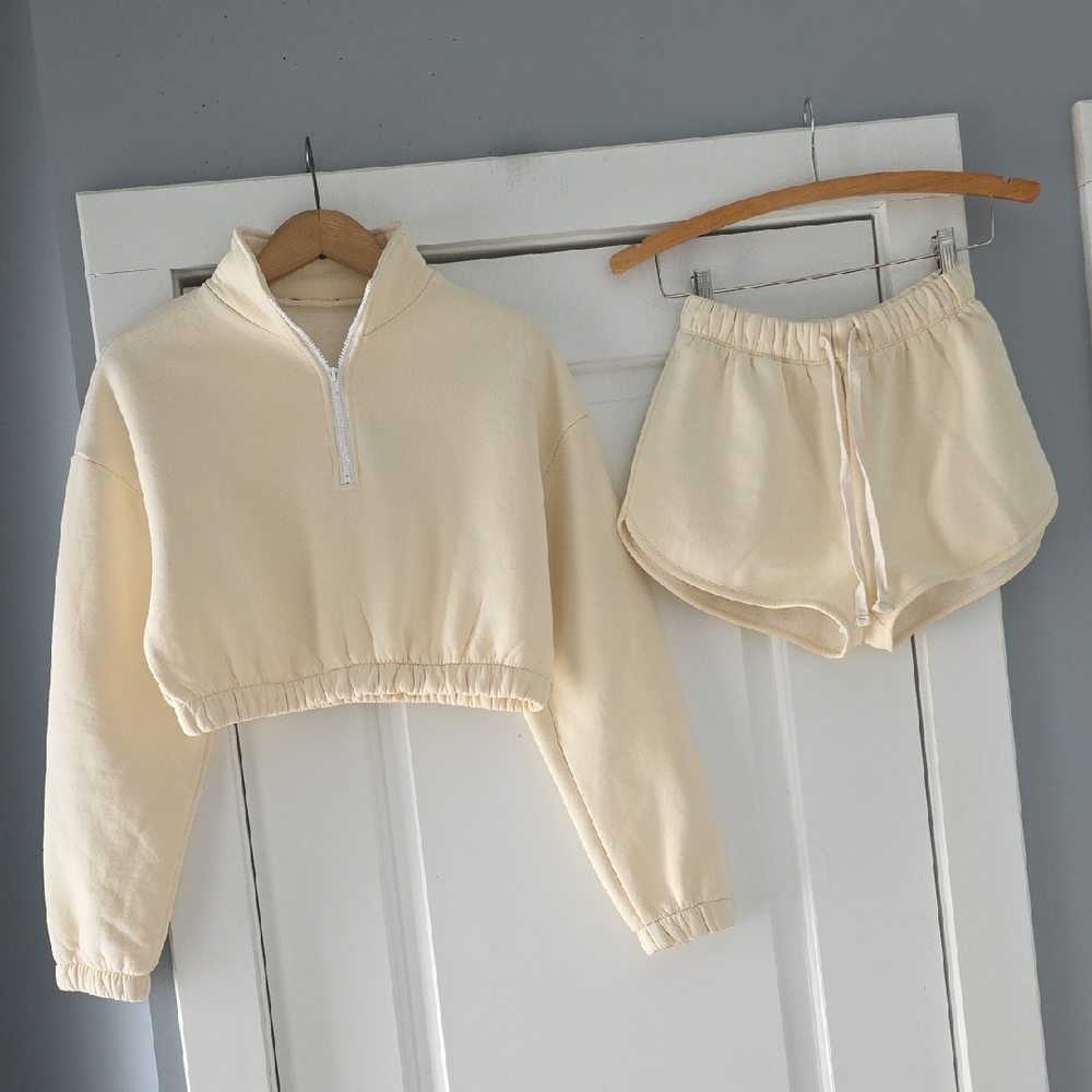 Cream Cropped Half Zip Sweatshirt & Shorts Set